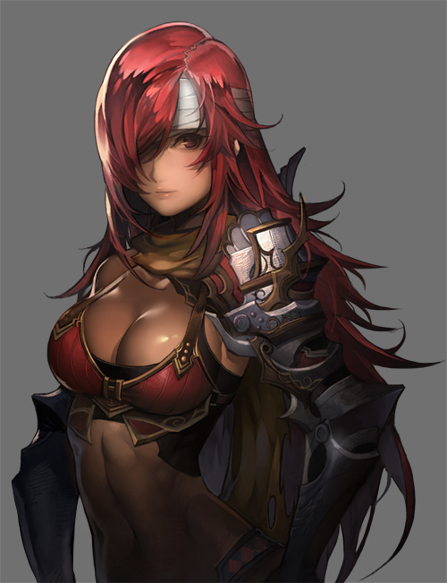 abs bandage bandages breasts cleavage gauntlets hair_over_one_eye headband heroes_lore_v large_breasts long_hair red_eyes red_hair redhead repi987 simple_background solo