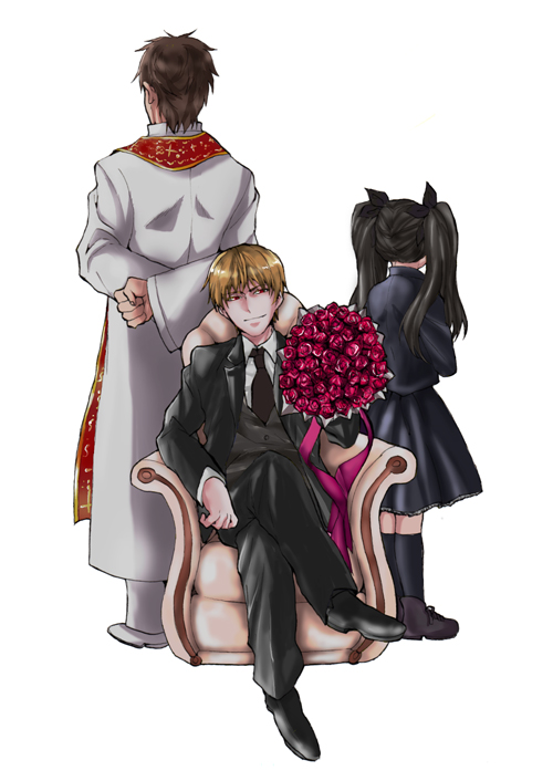 2boys arms_behind_back blonde_hair bouquet brown_hair chair child crossed_legs fate/zero fate_(series) flower formal gilgamesh hair_ribbon legs_crossed long_hair multiple_boys necktie otori666 priest red_eyes ribbon simple_background sitting stole suit tohsaka_rin toosaka_rin twintails white_background young