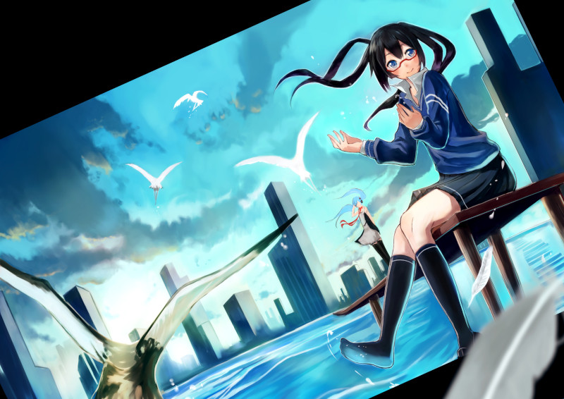 aqua_hair bespectacled bird black_hair cityscape dutch_angle footwear glasses hatsune_miku ichiko_oharu long_hair looking_at_viewer monochro_blue_sky_(vocaloid) multiple_girls school_uniform sitting skirt sky smile socks twintails vocaloid