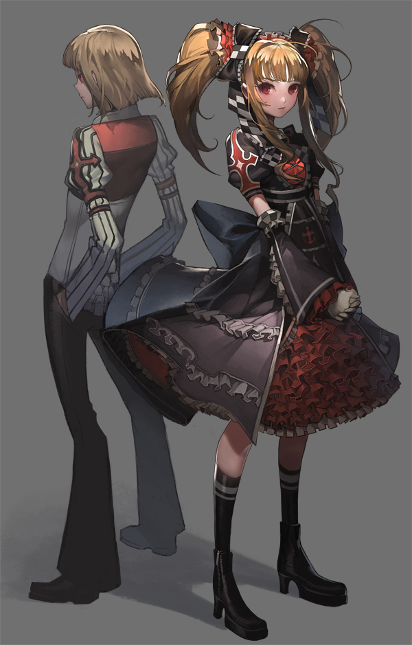 1girl blonde_hair bob_cut bow detached_sleeves dress frilled_skirt frills gothic_lolita hair_bow heroes_lore_v lolita_fashion red_eyes repi987 twintails