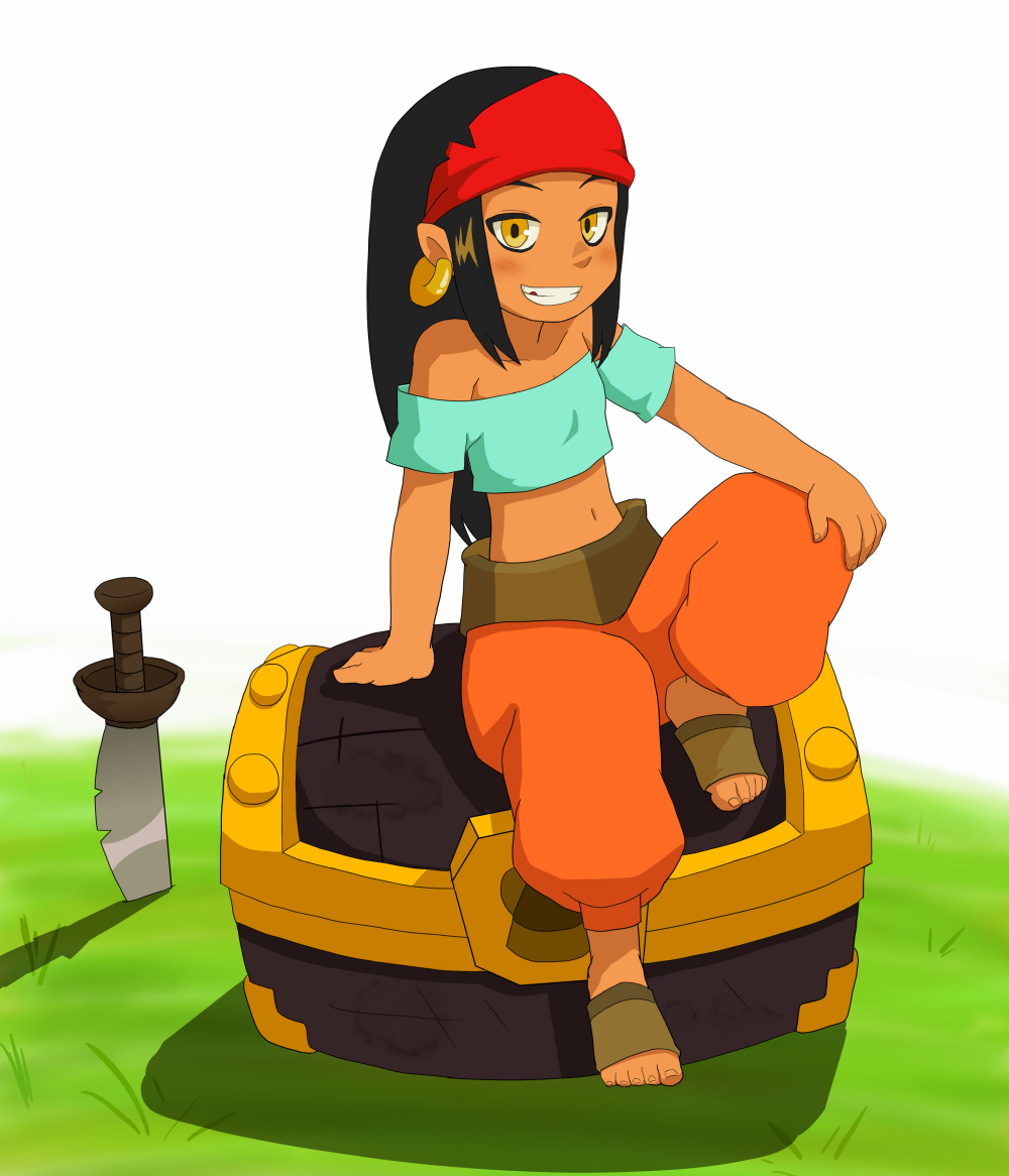 baggy_pants bare_shoulders black_hair crop_top dark_skin earrings elaine_(wakfu) fuen jewelry midriff simple_background sword treasure_chest tubetop wakfu weapon yellow_eyes