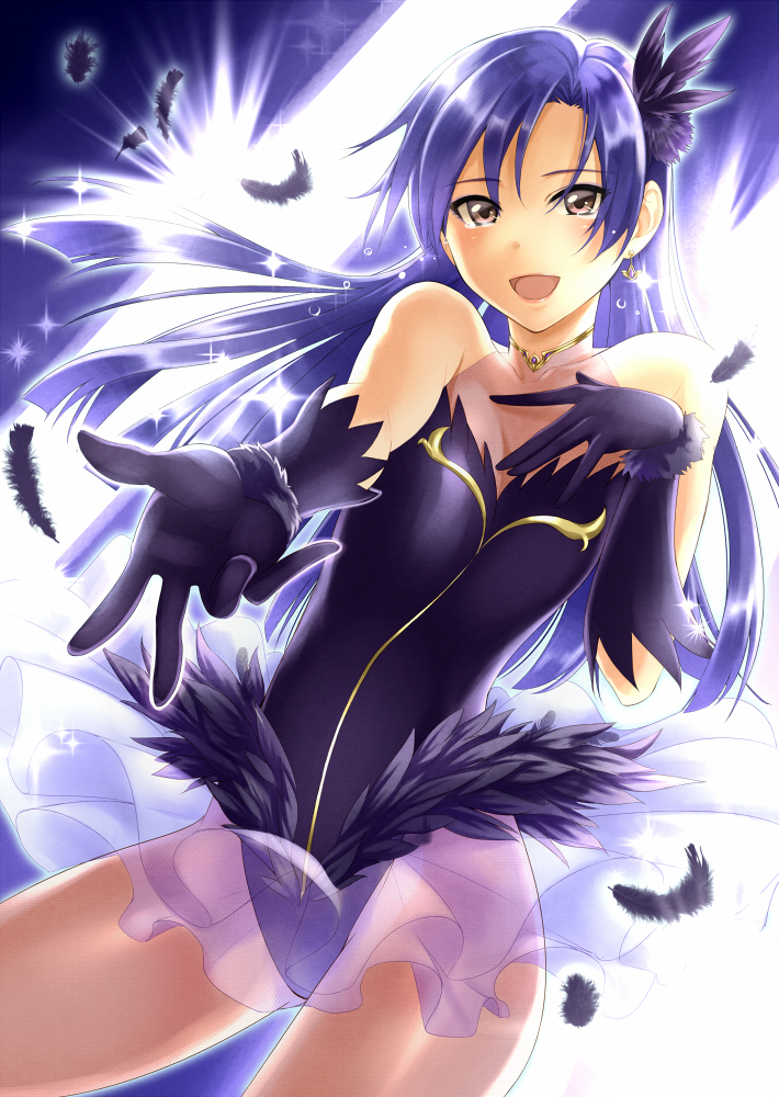 :d bare_shoulders black_gloves blue_hair brown_eyes earrings feathers gloves hair_feathers hair_ornament idolmaster jewelry kisaragi_chihaya leotard long_hair nidoro open_mouth pantyhose sheer_legwear smile solo tears