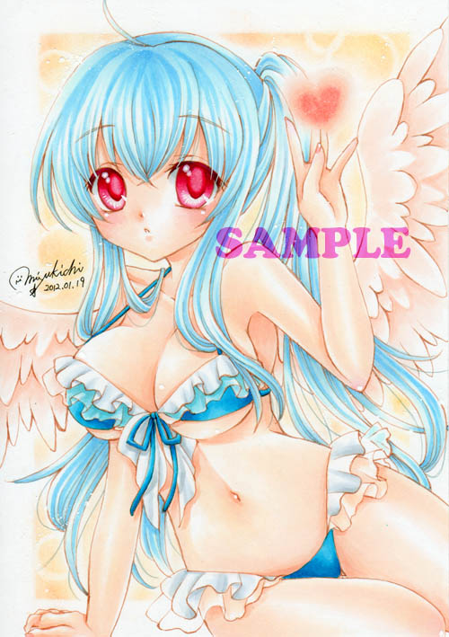 bikini blue_hair long_hair mocomoco_party original red_eyes sample solo swimsuit twintails wings