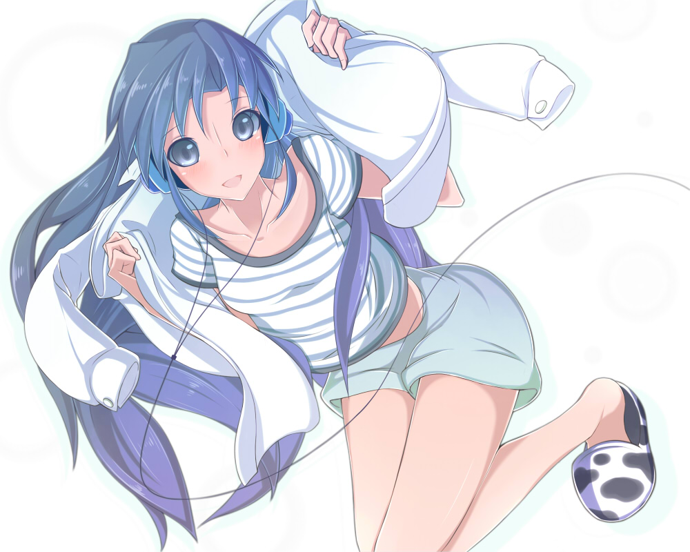 :d bad_id blue_eyes blue_hair headphones idolmaster jacket kisaragi_chihaya long_hair open_mouth shorts slippers smile solo t-shirt very_long_hair youjpnq