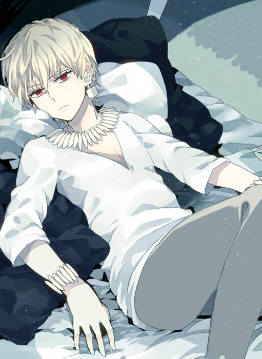 bed blonde_hair bracelet earrings fate/zero fate_(series) gilgamesh jewelry lying male necklace on_back on_bed pillow red_eyes solo toriatte v-neck
