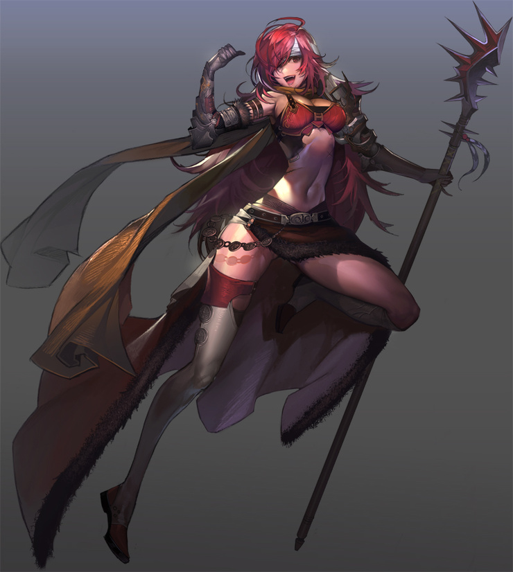 boots breasts cape cleavage gauntlets headband heroes_lore_v long_hair midriff miniskirt navel red_hair redhead repi987 skirt solo staff thigh-highs thigh_boots thighhighs