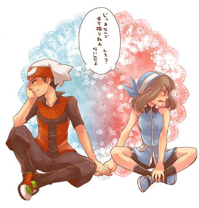 bandanna bare_shoulders bike_shorts black_hair brown_hair chin_rest couple fang hand_holding hat holding_hands indian_style looking_away odamaki_sapphire pokemon pokemon_special ruby_(pokemon) shirou_(vista) sitting smile thought_bubble translated translation_request tsundere twintails