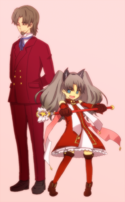 1girl age_difference animal_ears bloom blue_eyes brown_hair cat_ears elbow_gloves facial_hair fate/hollow_ataraxia fate/zero fate_(series) father_and_daughter formal gloves goatee kaleido_ruby long_hair magical_girl maroyakamaromaro simple_background suit thigh-highs thighhighs time_paradox tohsaka_rin tohsaka_tokiomi toosaka_rin toosaka_tokiomi twintails wand