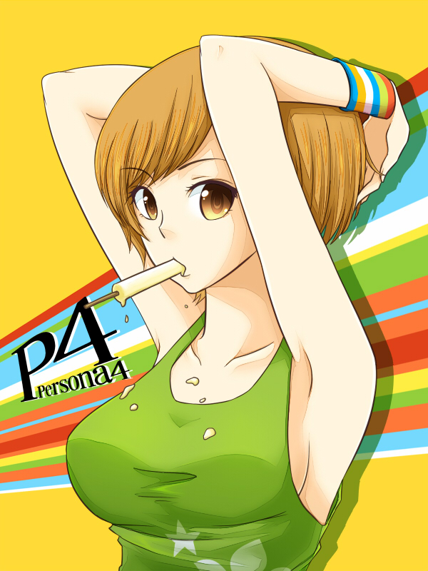 armpits arms_up breasts brown_eyes brown_hair food_on_clothes hinapecco ice_cream large_breasts looking_at_viewer mouth_hold persona persona_4 popsicle satonaka_chie vest