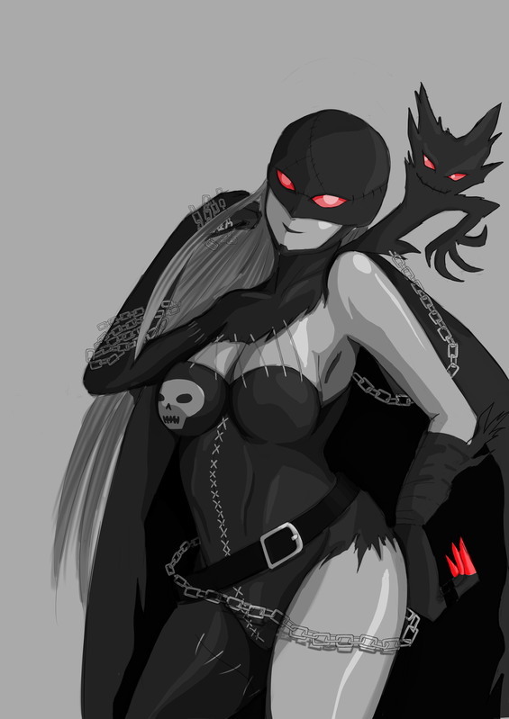 artist_request asymmetrical_clothes asymmetrical_clothing black_lipstick breasts catsuit chain chains claws digimon digimon_adventure glowing glowing_eyes ladydevimon large_breasts leather_suit lipstick long_hair makeup mouya_(sars) red_eyes scar silver_hair simple_background single_elbow_glove single_glove skull solo stitches torn_clothes