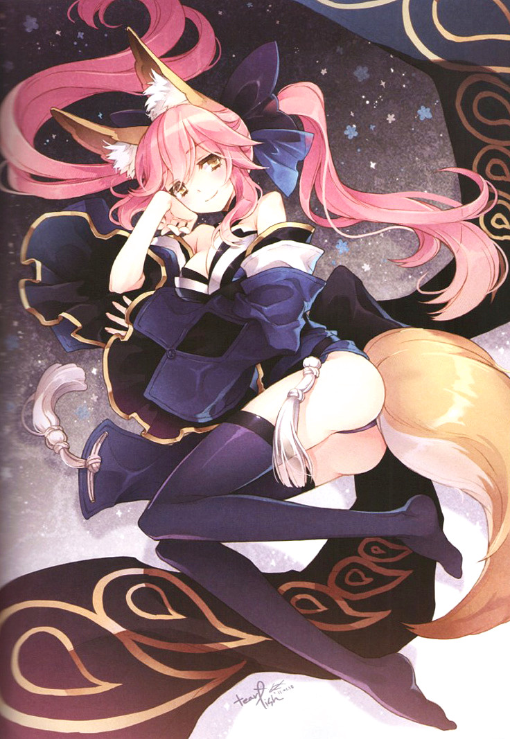 absurdres animal_ears ass bare_shoulders black_legwear breasts caster_(fate/extra) cleavage detached_sleeves face fate/extra fate/stay_night fate_(series) fox_ears fox_tail highres japanese_clothes pink_hair scan solo tail tearfish thigh-highs thighhighs yellow_eyes