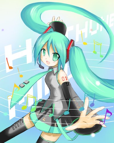 1girl detached_sleeves green_eyes green_hair hatsune_miku headphones long_hair lowres musical_note necktie open_mouth outstretched_arms shichinose skirt smile solo thigh-highs twintails very_long_hair vocaloid