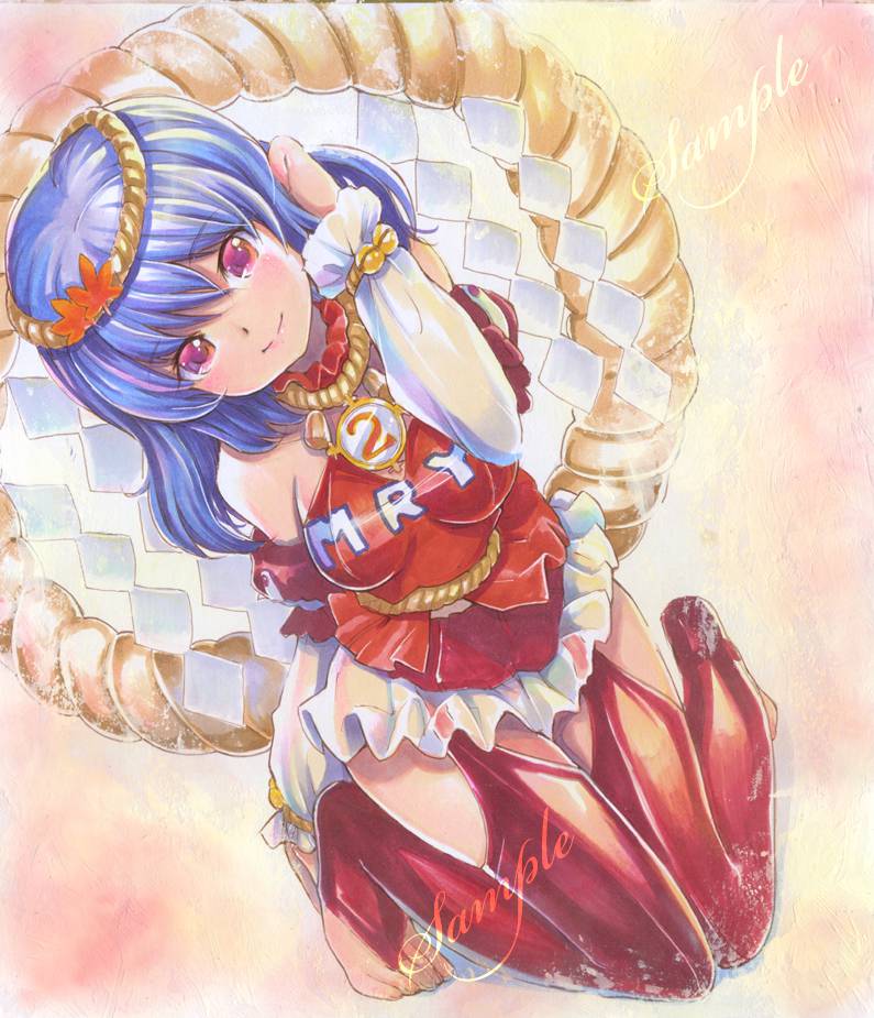 adapted_costume bangs blue_hair breasts detached_sleeves dutch_angle garter_straps gradient_eyes head_tilt hips jewelry kneeling knees_together_feet_apart long_hair looking_at_viewer mayo_riyo miniskirt multicolored_eyes necklace orange_eyes purple_eyes race_queen racequeen sample shimenawa skirt smile solo thigh-highs thighhighs touhou traditional_media yasaka_kanako