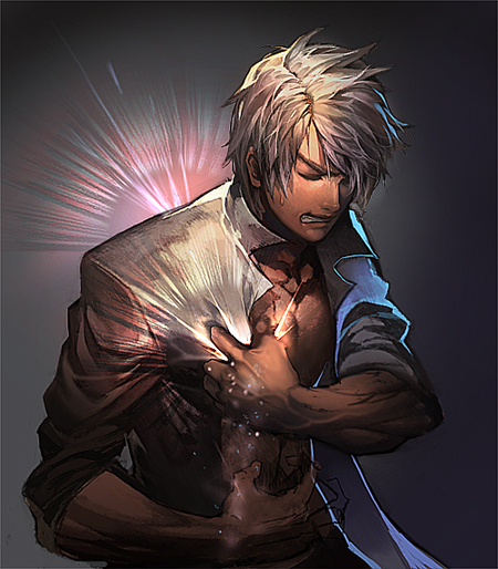 character_request copyright_request hand_on_own_chest male manly open_clothes open_shirt repi987 solo white_hair