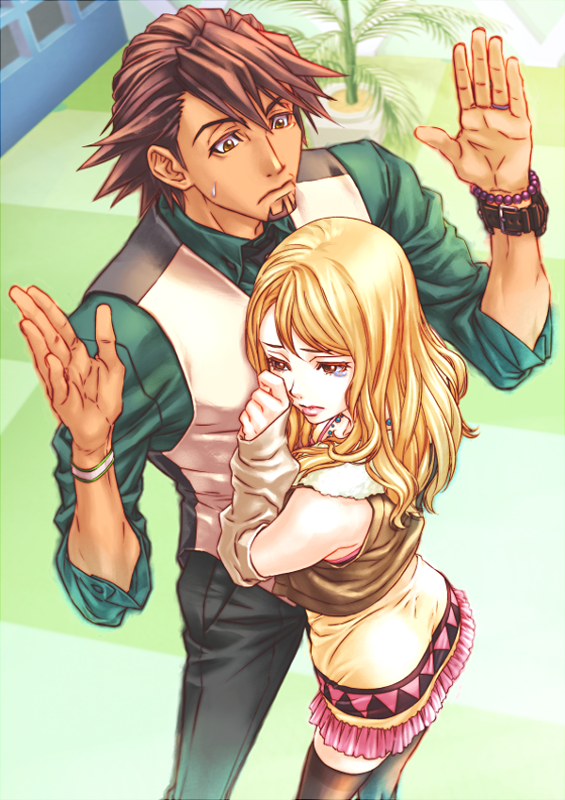 1girl arms_up bare_shoulders blonde_hair bracelet brown_eyes brown_hair detached_sleeves dress facial_hair hug jewelry kaburagi_t_kotetsu karina_lyle long_hair male necktie ring short_hair stubble sweat tears tiger_&amp;_bunny vest waistcoat watch wedding_band wristwatch