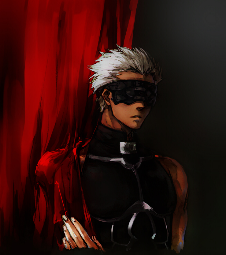 archer bare_shoulders blindfold cape crimo dark_skin fate/stay_night fate_(series) fusion male muscle rider solo what_if white_hair