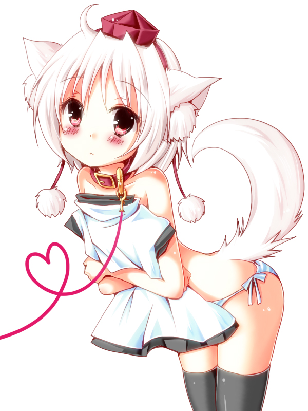 :&lt; ahoge animal_ears bare_shoulders black_legwear blush breasts clothes_in_front collar covering covering_breasts hat heart heart_of_string inubashiri_momiji leash meiya_neon panties red_eyes short_hair silver_hair solo striped striped_panties tail thigh-highs thighhighs tokin_hat touhou underwear underwear_only wolf_ears wolf_tail