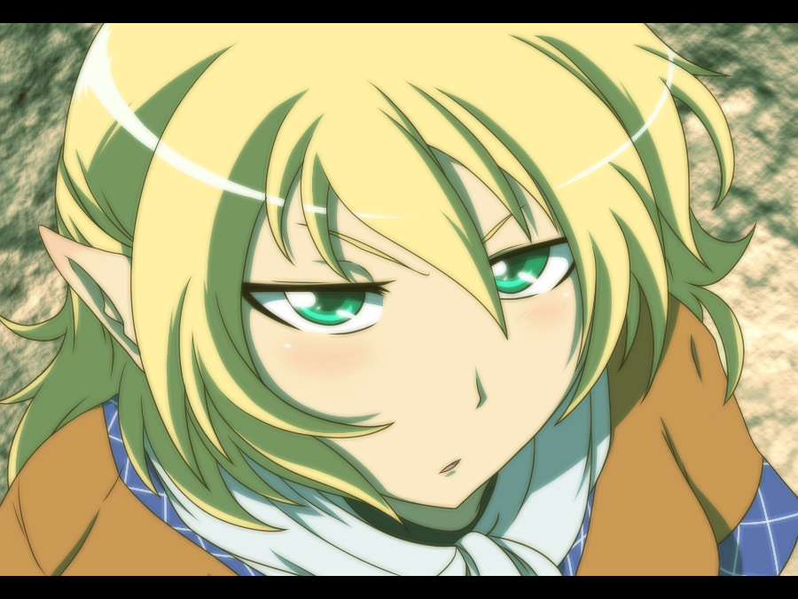 blonde_hair face green_eyes letterboxed mizuhashi_parsee open_mouth pointy_ears rhine scarf short_hair solo touhou