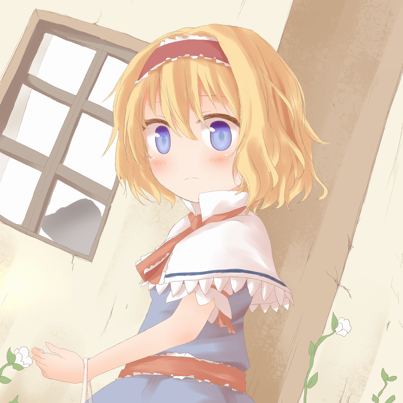 alice_margatroid blonde_hair blue_dress blue_eyes blush capelet dress flower frown headband leaf looking_at_viewer sash shize_(coletti) short_hair short_sleeves solo strap touhou wall window