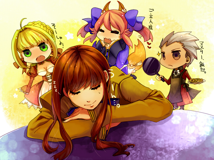 3girls =_= ahoge animal_ears apron archer blonde_hair breasts brown_eyes brown_hair caster_(fate/extra) chibi cleavage dark_skin fang fate/extra fate_(series) female_protagonist_(fate/extra) fox_ears fox_tail frying_pan green_eyes long_hair multiple_girls my_09 saber_extra sleeping tail translated white_hair