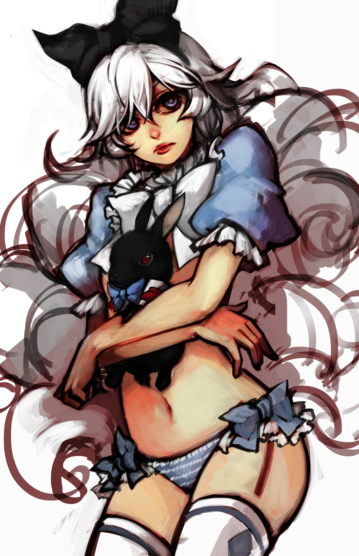 alice_(wonderland) alice_in_wonderland big_hair blue_eyes bow bunny flat_chest hair_bow hairband holding lips long_hair midriff na_young_lee navel no_pants panties rabbit striped striped_panties thigh-highs thighhighs underwear white_hair white_legwear work_in_progress