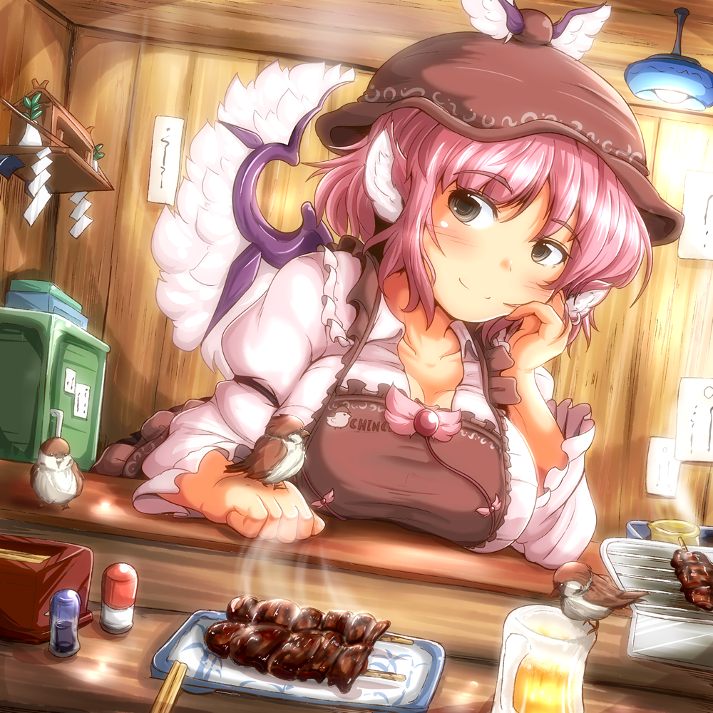 alternate_costume animal_ears apron beer bird bird_on_hand blush breast_rest breasts cleavage dress earrings eurasian_tree_sparrow food food_stand grill hat hoop_earrings jewelry lamp large_breasts looking_at_viewer mystia_lorelei pink_hair plate red_eyes short_hair single_earring skewer smile solo sparrow touhou wings yatai yoriyuki_chiyo