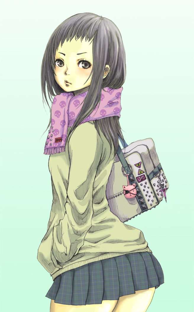 bag black_hair brown_eyes charm_(object) checkered checkered_skirt hands_in_pockets long_hair looking_back original pleated_skirt riry scarf skirt skull_print solo