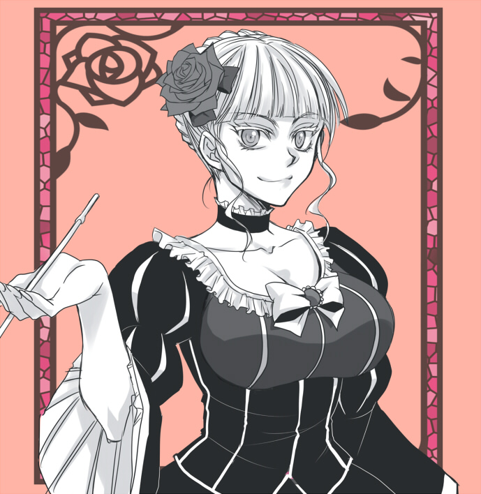 1girl beatrice bow breasts choker cleavage dress flower hair_bun hair_flower hair_ornament monochrome pipe rose smile solo sousui_hani umineko_no_naku_koro_ni wide_sleeves