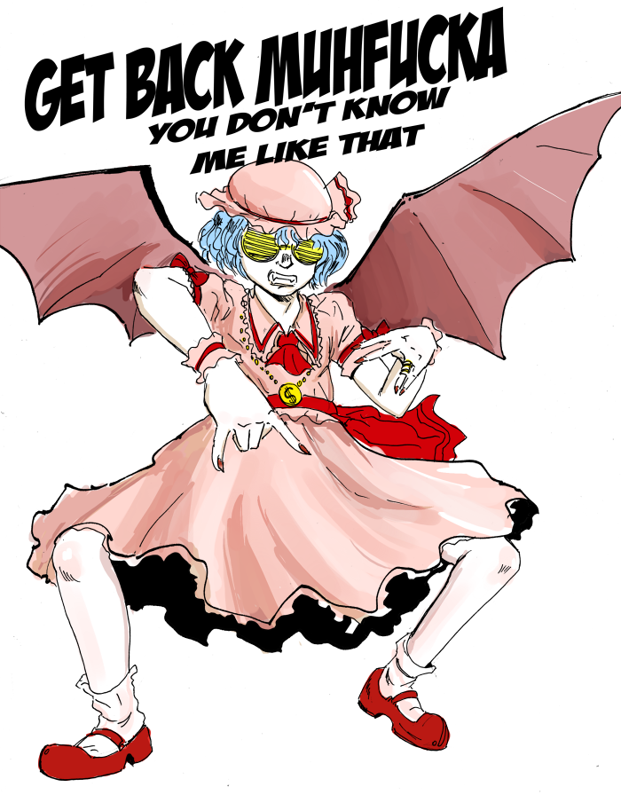 $ 1girl \m/ ascot bat_wings bling commentary dress drsunshine english gangster hat jewelry lavender_hair nail_polish necklace remilia_scarlet ring short_hair shutter_shades solo touhou wings wrist_cuffs