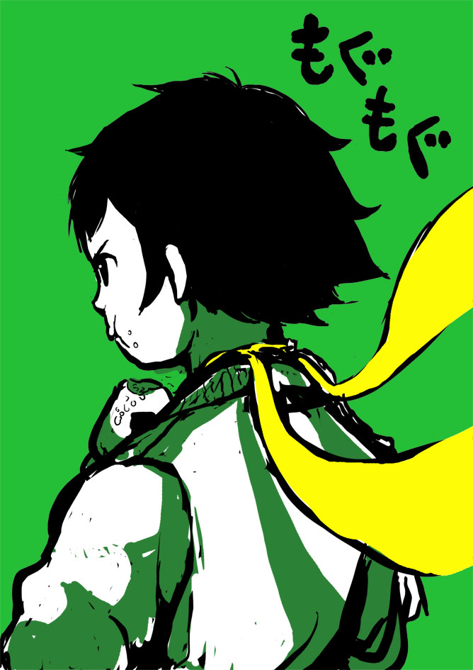 black_hair dougi eating flat_color food food_on_face from_behind makoto onigiri rice_on_face riry scarf short_hair solo street_fighter street_fighter_iii street_fighter_iii:_3rd_strike