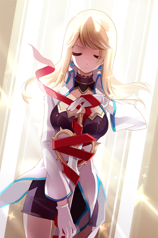 artist_request asymmetrical_bangs bangs blonde_hair closed_eyes detached_collar earrings expressionless eyes_closed gloves glowing heart holding jacket jewelry long_hair lowres military military_uniform ribbon rose_pacifica skirt solo sword sword_girls thorns uniform wallpaper weapon