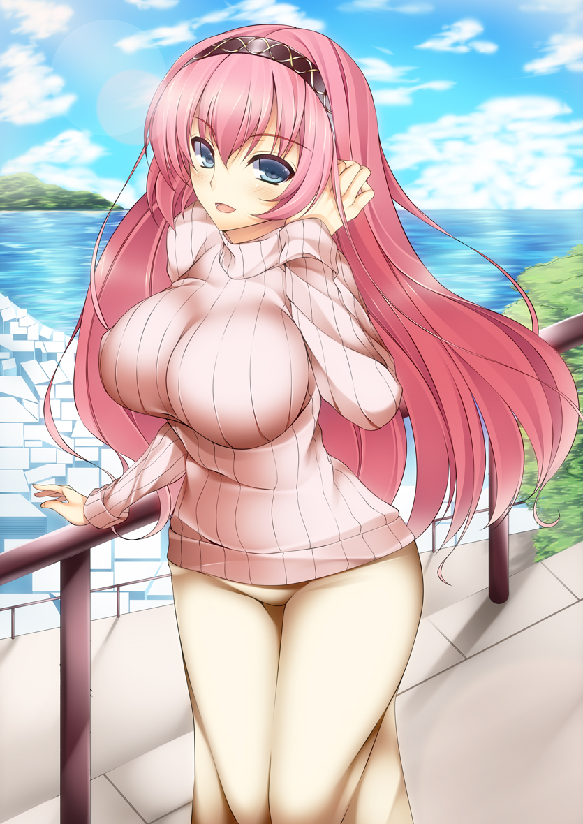 adjusting_hair blue_eyes breasts huge_breasts impossible_clothes izayoi_kaname large_breasts lens_flare long_hair long_skirt megurine_luka pink_hair railing ribbed_sweater skirt sky solo sweater town vocaloid water