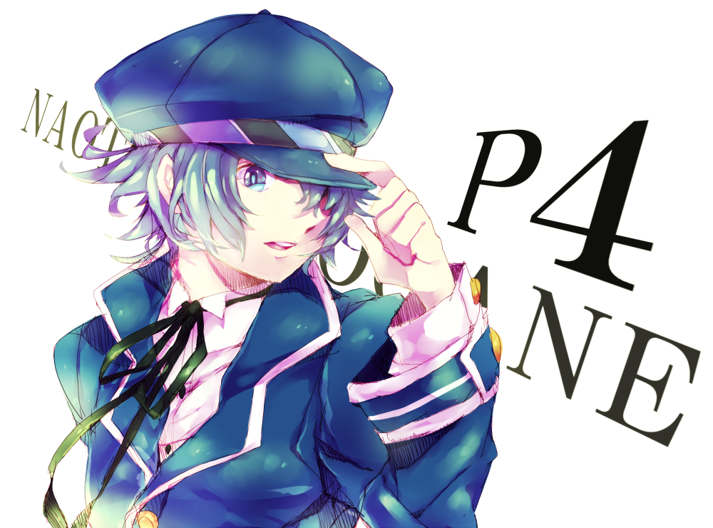 androgynous blue_eyes blue_hair cabbie_hat collar crossdressinging female hand_on_hat hat jacket looking_away open_mouth persona persona_4 reverse_trap shirogane_naoto short_hair solo tomboy