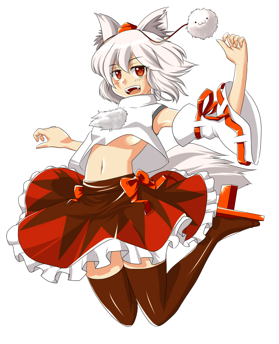 :3 animal_ears armpits arms_up bow breasts detached_sleeves excel_(shena) fangs fingernails frills geta hat high_collar highres inubashiri_momiji jumping legs_up looking_at_viewer midriff navel no_bra open_mouth pom_pom_(clothes) red_eyes shirt short_hair simple_background skirt solo tail teeth thigh-highs thighhighs tokin_hat touhou under_boob underboob white_background white_hair wolf_ears wolf_tail