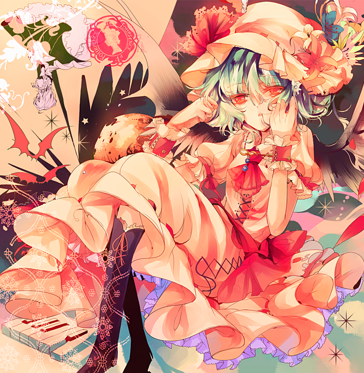 bat bat_wings blue_hair boots bow dress flower hair_in_mouth hat izayoi_sakuya kirero multiple_girls red_eyes remilia_scarlet short_hair sitting touhou wings wrist_cuffs