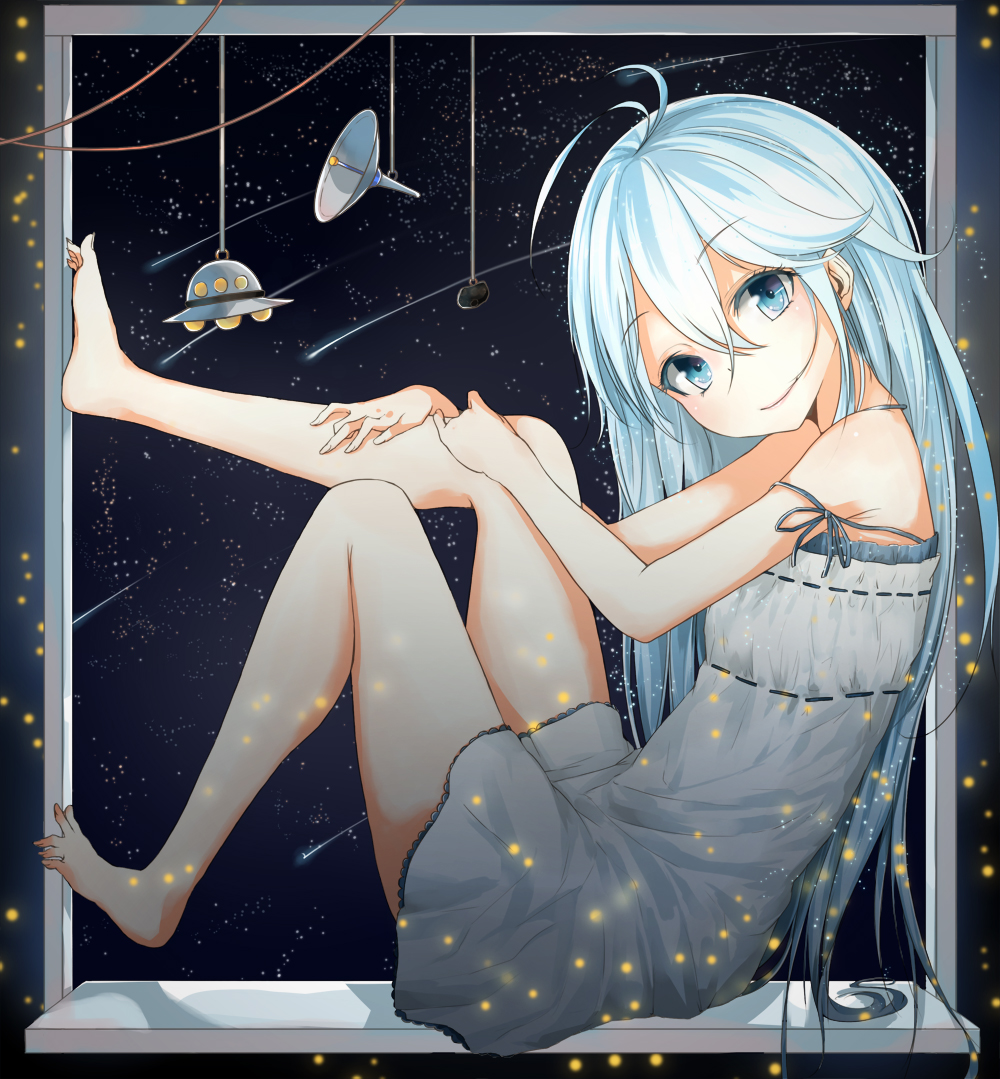 ahoge antenna_hair bare_legs bare_shoulders barefoot blue_eyes denpa_onna_to_seishun_otoko dress feet hair_in_mouth la-na long_hair mouth_hold off_shoulder smile solo toes touwa_erio very_long_hair windowsill