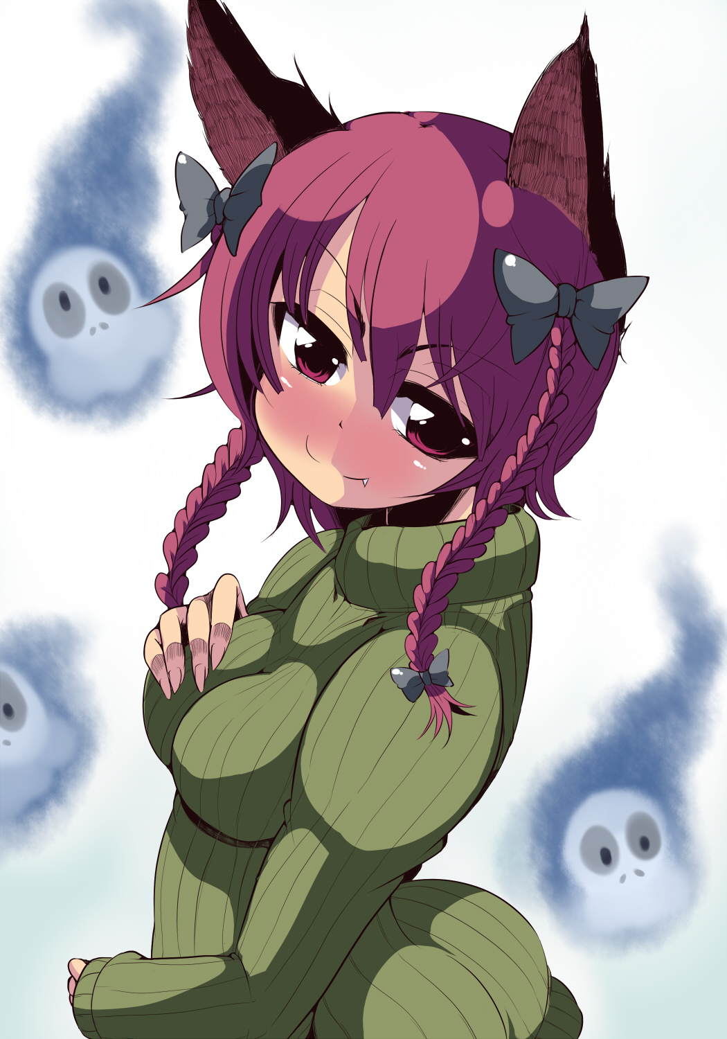 alternate_costume animal_ears blush bow braid cat_ears face fang fingernails hair_bow hand_on_own_chest highres kaenbyou_rin long_fingernails niwatori_gunsou red_eyes red_hair redhead ribbed_sweater short_hair skull smile solo sweater touhou twin_braids twintails