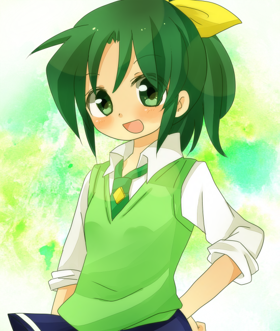 1girl green_eyes green_hair hand_on_waist midorikawa_nao necktie open_mouth ponytail precure ribbon school_uniform skirt smile smile_precure! solo sweater_vest