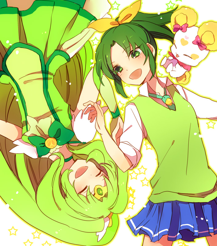 bow bowtie candy_(smile_precure!) circlet closed_eyes cure_march dress dual_persona eyes_closed green_eyes green_hair hair_bow long_hair lying magical_girl midorikawa_nao necktie open_mouth ponytail precure ribbon school_uniform simple_background skirt sleeves_rolled_up smile smile_precure! star sweater_vest tiara tri_tails wrist_cuffs yukiguni_samui