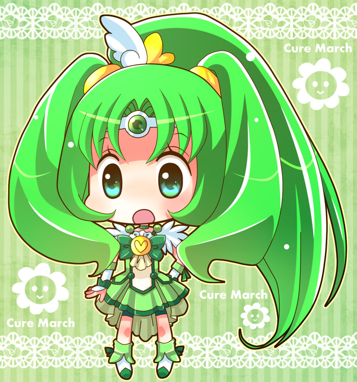 bowtie character_name chibi choker circlet cure_march dress green_dress green_eyes green_hair heart hiyopuko long_hair midorikawa_nao open_mouth ponytail precure ribbon shorts_under_skirt skirt smile_precure! solo tiara tri_tails wrist_cuffs