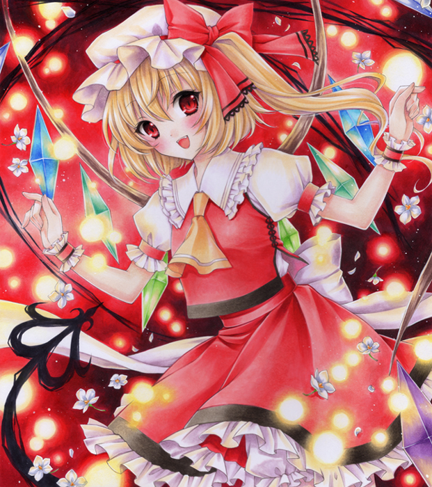 6kusa acot acrylic_paint_(medium) ascot blonde_hair blush flandre_scarlet flower hat laevatein open_mouth red_eyes side_ponytail skirt skirt_set solo the_embodiment_of_scarlet_devil touhou traditional_media wings wrist_cuffs