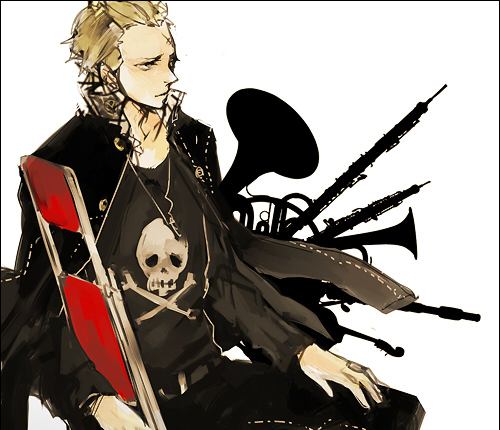 bad_id belt blonde_hair bullet chair fold_up_chair folding_chair hoka instrument jacket jacket_on_shoulders jolly_roger long_sleeves looking_away lowres male musical_instrument musical_instruments pants persona persona_4 piercing scar short_hair sitting solo tatsumi_kanji