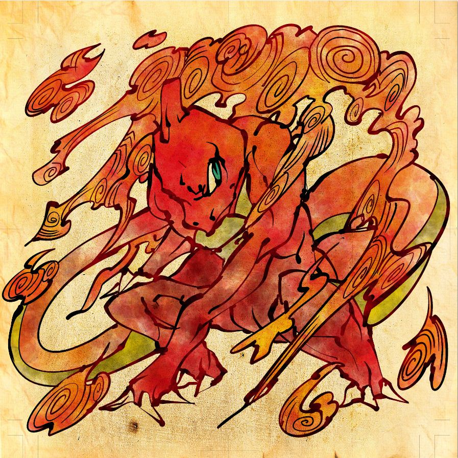 charmeleon fine_art_parody fire nihonga no_humans parody pokemon pokemon_(creature) pokemon_(game) pokemon_rgby shimanoko solo