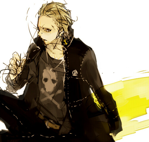 bad_id belt blonde_hair bullet grey_eyes hoka jacket jacket_on_shoulders jolly_roger long_sleeves lowres male pants persona persona_4 piercing scar short_hair sitting solo tatsumi_kanji