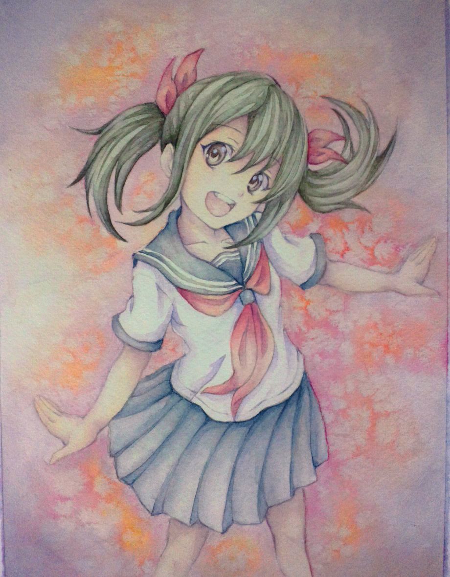 :d bow brown_eyes green_hair hair_bow idolmaster imai_kana imai_kana_(idolmaster) long_hair open_mouth school_uniform skirt smile solo standing traditional_media twintails watercolor_(medium) yuyu_(00365676)