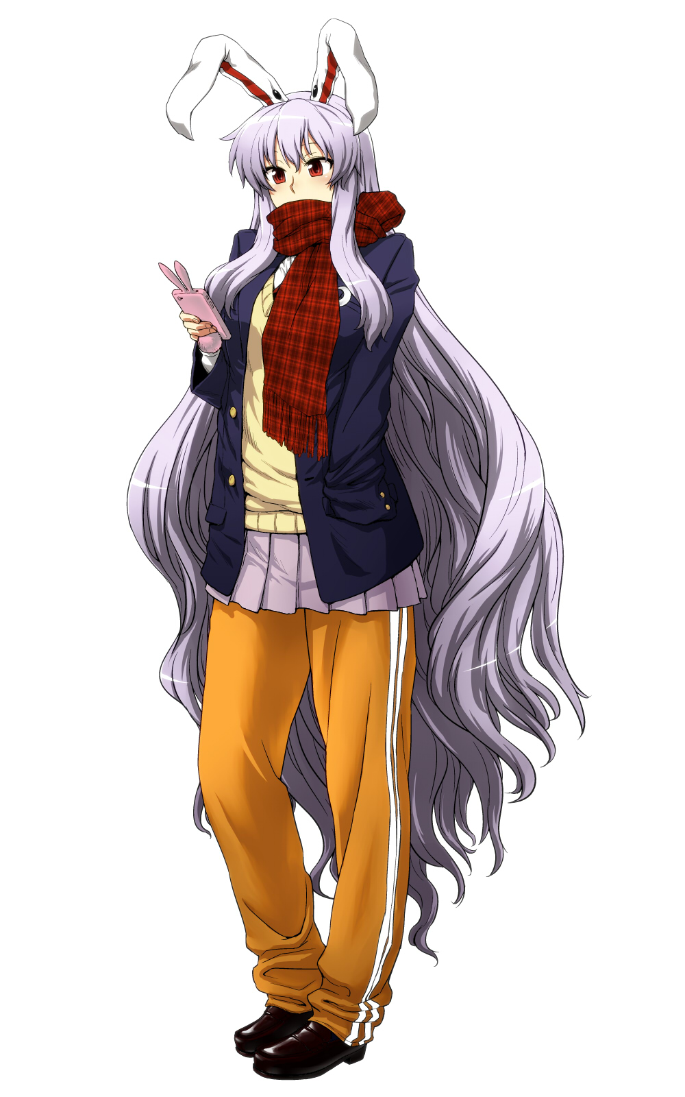alternate_costume animal_ears blazer bunny_ears cellphone crescent hand_in_pocket highres itou_yuuji jacket lavender_hair long_hair pants payot phone pleated_skirt purple_hair red_eyes reisen_udongein_inaba scarf shoes skirt solo sweater sweater_vest touhou very_long_hair
