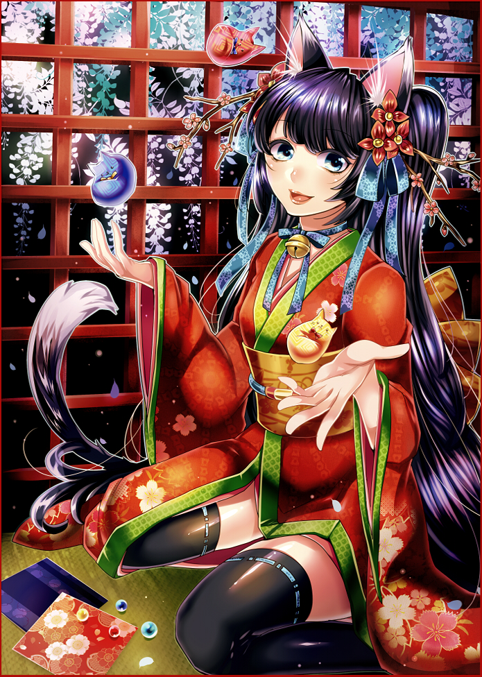 animal_ears aqua_eyes bell black_hair black_legwear border branch cat_ears cat_tail floral_print hair_ribbon japanese_clothes juggling kimono long_hair marble matsurika_youko matsurikay obi open_mouth original plant red_border ribbon sitting smile solo tail tatami thigh-highs thighhighs wariza wide_sleeves