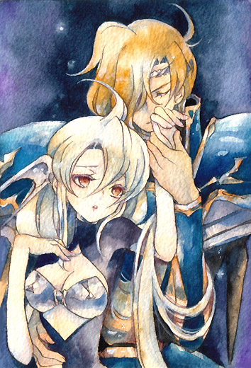 1girl armor blonde_hair brown_eyes character_request couple hand_holding hand_on_own_chest headband holding_hands langrisser langrisser_ii leon_(langrisser) nesu_(nsm888) rana_(langrisser) traditional_media watercolor_(medium)