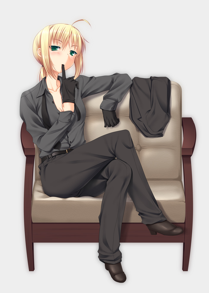 ahoge belt biting black_gloves blonde_hair blush breasts business_suit chair cleavage crossed_legs fate/zero fate_(series) female glove_biting gloves green_eyes jacket jacket_removed legs_crossed miyai_max pants ponytail reverse_trap saber shoes short_hair simple_background sitting solo undone_necktie undone_tie undressing