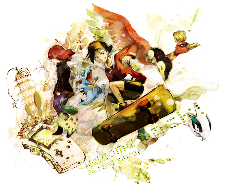 abstract_background backwards_hat baseball_cap bird black_hair character_name chikorita cyndaquil english game_boy gold_(pokemon) gold_(pokemon)_(classic) grin hands_in_pockets hat ho-oh leaf legendary_pokemon lugia multiple_boys pokemon pokemon_(creature) pokemon_(game) pokemon_gsc red_hair redhead shorts silver_(pokemon) silver_(pokemon)_(classic) sin_(hitonatsu) skateboard smile title_drop totodile tower
